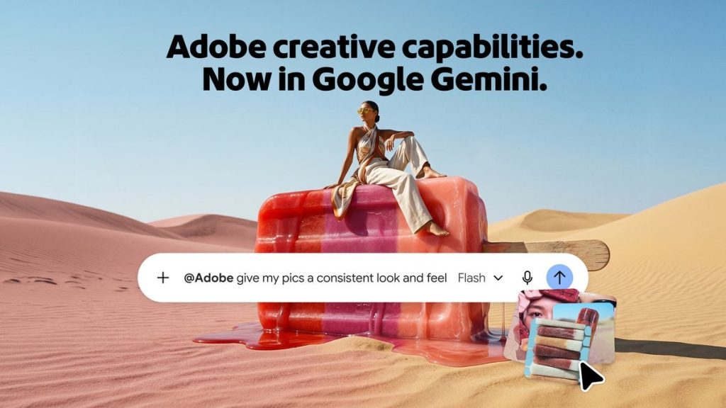 Grafika Adobe zapowiadająca narzędzia Adobe w Google Gemini