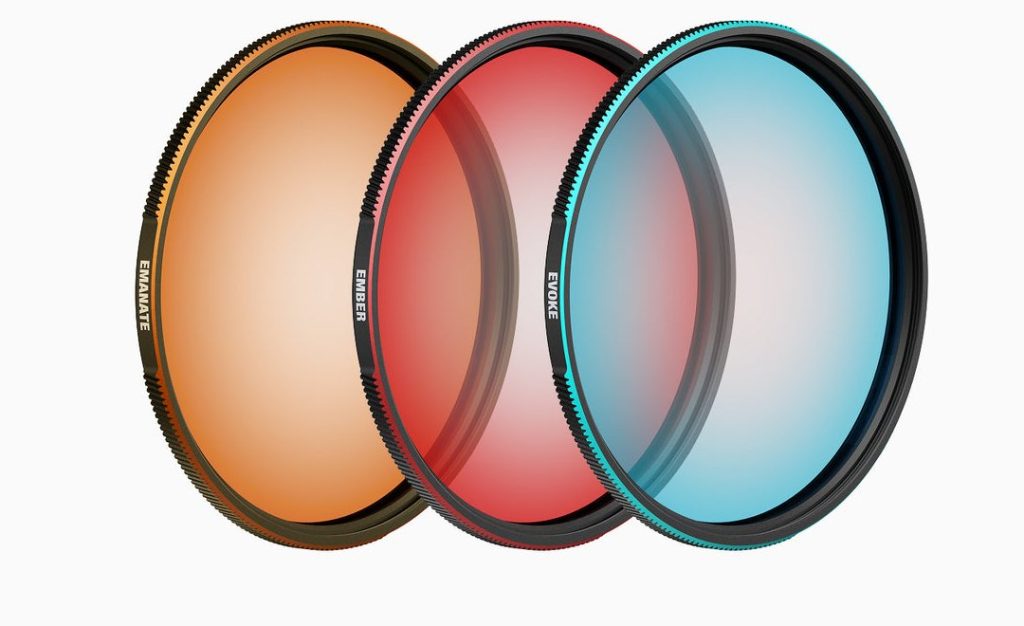 Trzy filtry PolarPro Radial Gradient: pomarańczowy, czerwony i niebieski