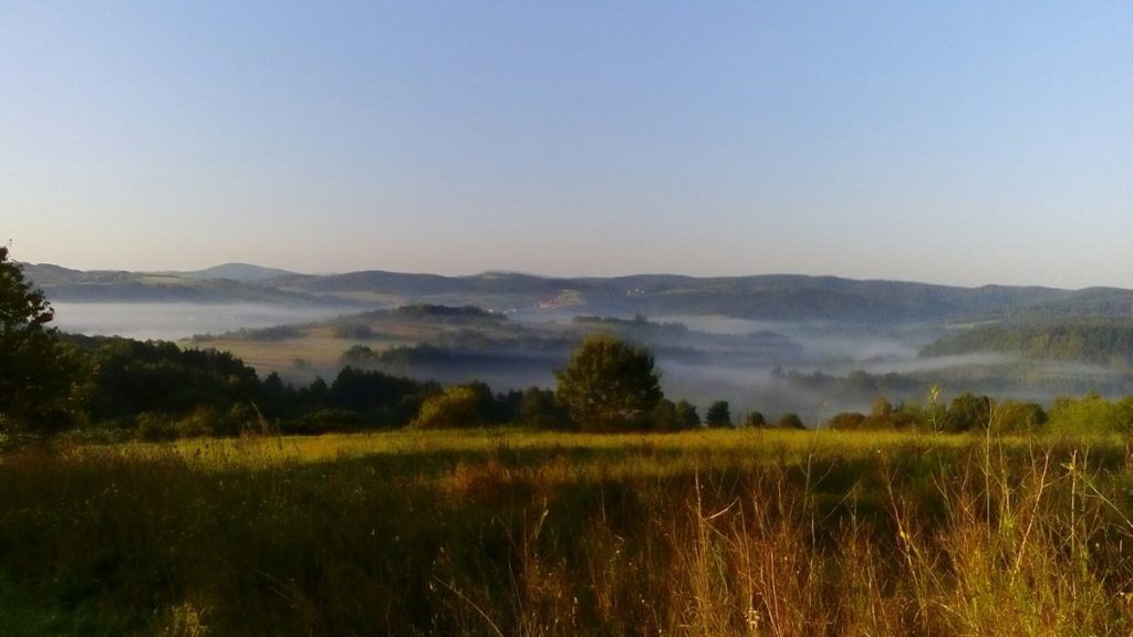 Mgła w dolinach Bieszczad o poranku, widok z łąki na zalesione wzgórza