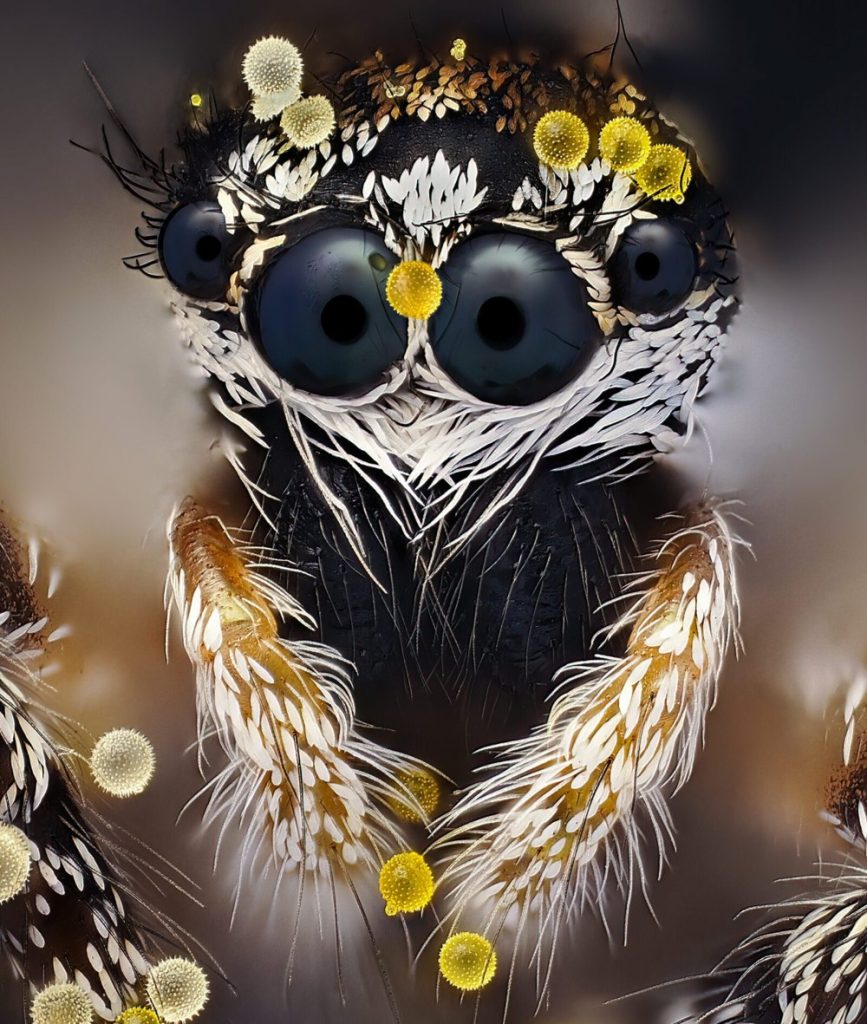 Skakun Salticus scenicus z ziarnami pyłku na głowie, zdjęcie makro z 2. miejsca Nikon Small World 2026