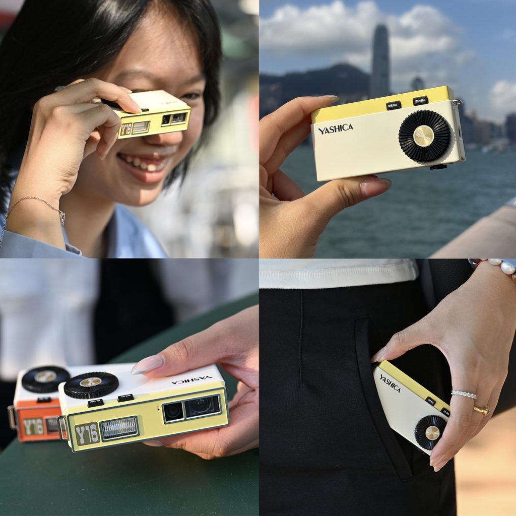 Yashica Y16 Pocket w dłoni – aparat przy oku i w kieszeni